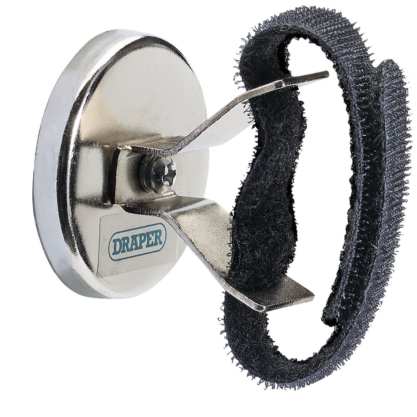 The Draper Magnetic Hook And Loop Holder - MPT12B, featuring a metal base and adjustable hook-and-loop straps, is perfect for securely holding small metal objects.