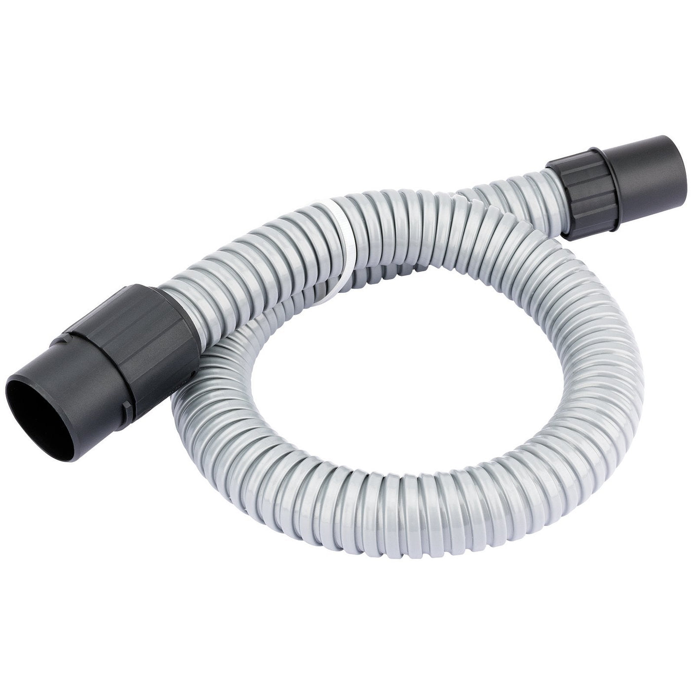 The Draper Spare Hose For Ash Can Vacuums - AVC6A is a flexible grey plastic hose with black connectors on both ends, coiled in a circular shape.