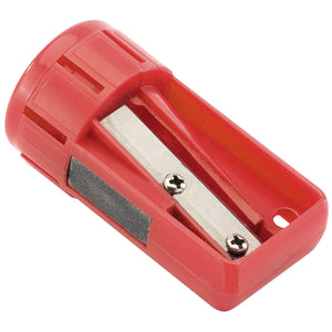 The Draper Carpenter's Pencil Sharpener - CPS2, a red plastic sharpener featuring a single metal blade and ribbed grip for precise sharpening, is suitable for even the finest carpenter's pencils and is seen lying on its side.