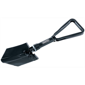 The Draper Folding Steel Shovel - SS1000/2 features a foldable black design with a triangular, tubular steel handle and a carbon steel serrated blade, complete with the "Draper" brand name printed on the shaft.