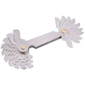 The Draper 20 Blade Screwpitch Gauge Set, 0.4 - 6mm - 401B, is a multi-blade thread pitch gauge tool with folding leaves, featuring 20 blades fanned out on either side of a central hinge, used for precisely measuring thread profiles on screws and bolts.