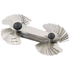 The Draper 52 Blade 4-62 BSW Screwpitch Gauge Set, 0.25 - 6mm - 553B is a metal tool featuring multiple folding blades for measuring various thread pitches, including the 62BSW and 6.0mm thread profiles.