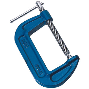 A blue Draper C Clamp, 100 x 60mm, featuring a cast iron frame and chrome plated screw.