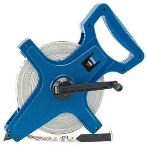 The Draper Fibreglass Measuring Tape, Class III, 50M/165Ft x 13mm - STFGC features a blue ABS plastic case and a hand crank. It includes a white fibreglass tape that can extend from the reel, displaying both metric and imperial measurements. Additionally, the tape is equipped with a stainless steel eyelet for secure anchoring.