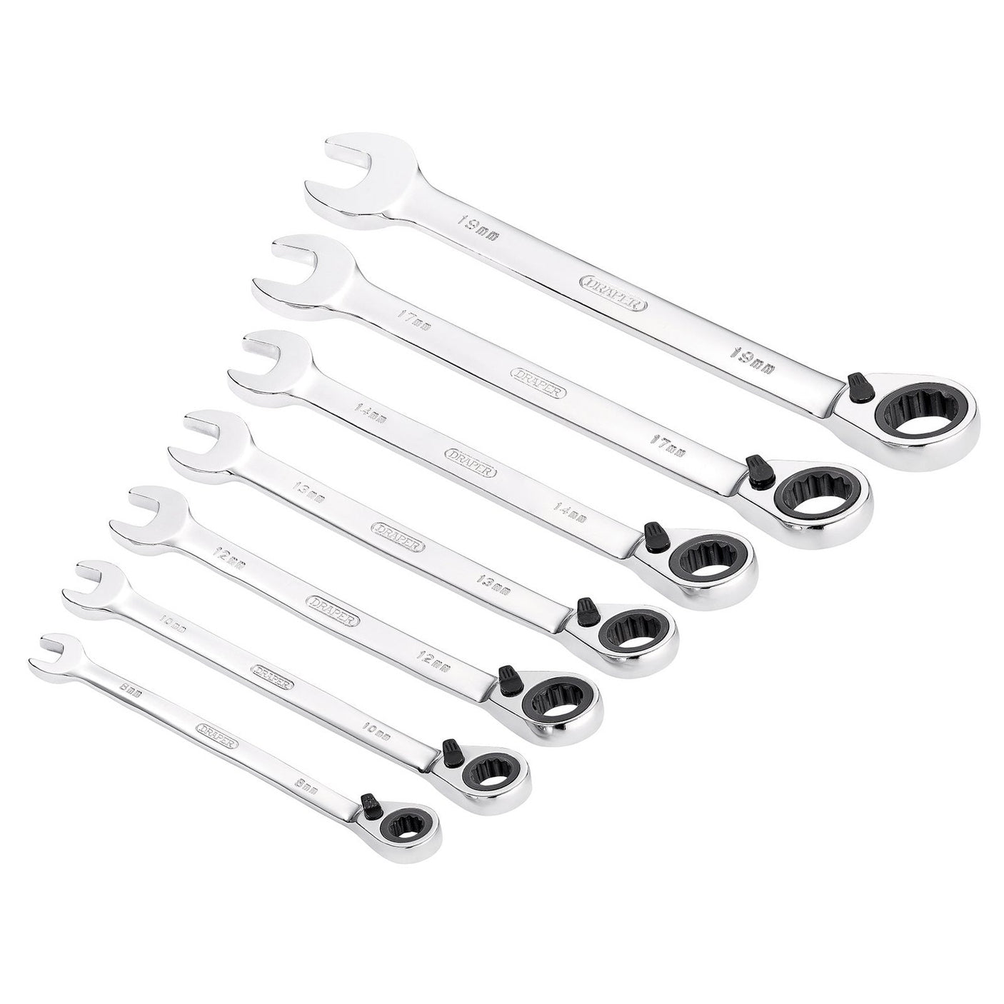 The Draper Hi-Torq® Metric Reversible Ratcheting Combination Spanner Set (7 Piece) - 8230RMM/7 includes seven durable chrome vanadium steel wrenches with a sleek chrome finish. These wrenches feature ratcheting box ends, ideal for use in confined spaces, and are available in sizes ranging from 8 mm to 19 mm arranged in ascending order.