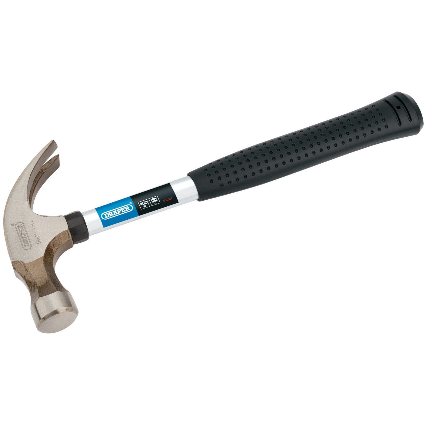 The Draper Claw Hammer With Steel Tubular Shaft, weighing 450 grams (16 ounces) and identified by the product code 9001, features a high carbon steel head and a black, textured, shock-absorbing rubber handle. The hammer is distinguished by its blue label with text and logos, while the claw section is expertly designed for removing nails.