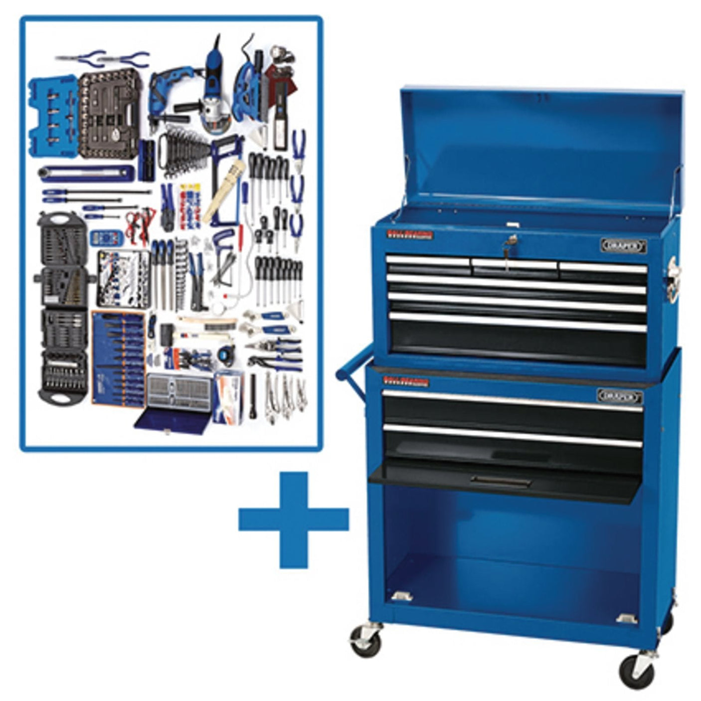 A Draper Workshop Tool Kit (E) - DTKPTK2A features a blue tool chest on wheels with an open lid displaying its drawers, perfect for organizing workshop tools. An inset image showcases an extensive collection of hand tools and accessories from Draper.