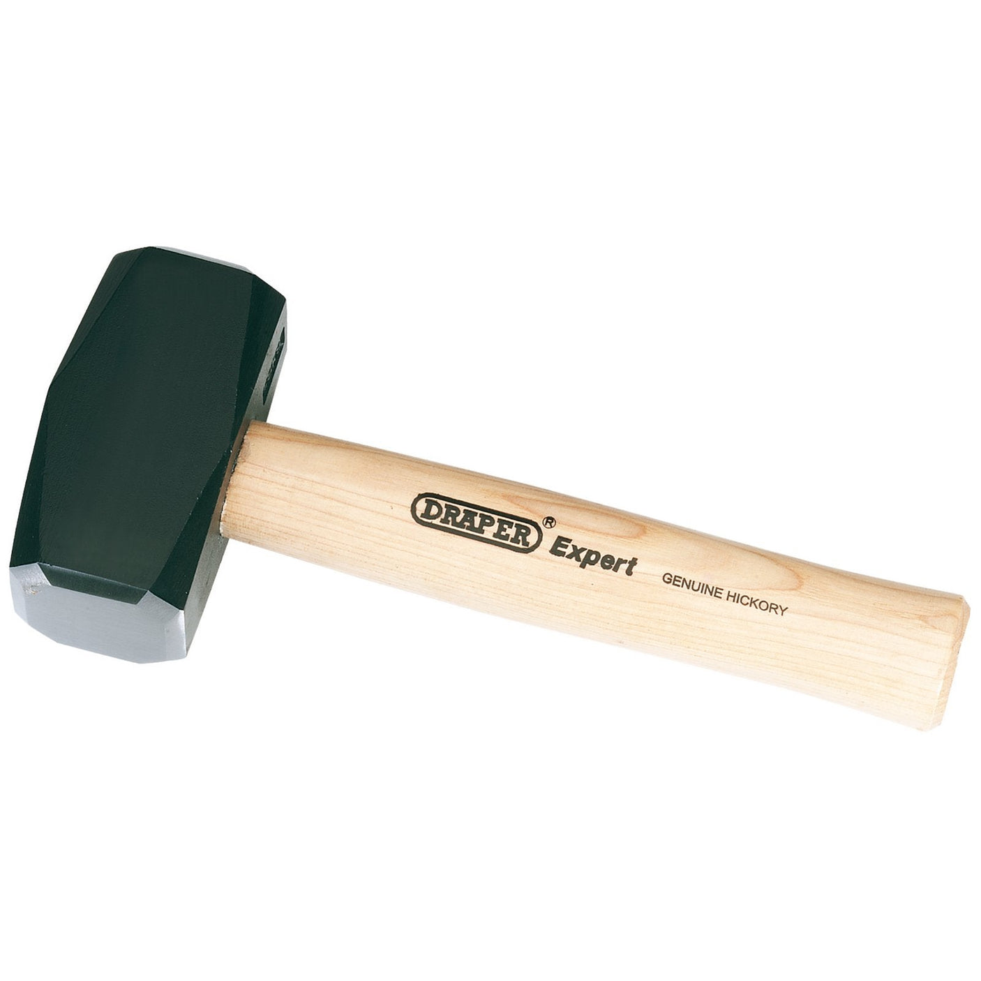 The Draper Expert Hickory Shaft Club Hammer, 1.8Kg/4Lb - 190T, features a black high-carbon steel hammerhead coupled with a wooden handle labeled "DRAPER Expert Genuine Hickory," ensuring both durability and rust protection.