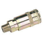 The Draper 1/4" BSP Taper Male Thread Vertex Air Coupling (Sold Loose) - A91CM02 BULK features a robust metal design with a threaded end, a knurled grip section, and a double-action mechanism for ease of use.