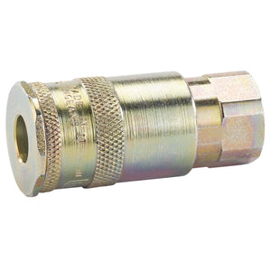 Close-up of a Draper 1/4" BSP Taper Female Thread Vertex Air Coupling (A91CF02 PACKED) featuring a metallic quick connect coupling with a knurled grip and threaded end, incorporating a double action mechanism for enhanced efficiency in connecting pipes or hoses.