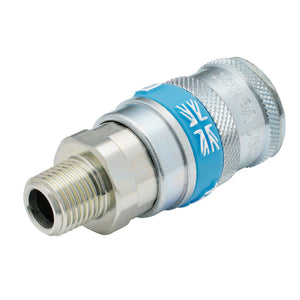 Introducing the Draper 1/4" BSP Taper Male Thread Vertex Air Coupling - A91CM02 PACKED, a metallic quick-release air coupling featuring a blue ring with white graphics.