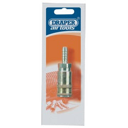 The package of a Draper 5/16" Bore Vertex Air Line Coupling With Tailpiece (A91S02 PACKED). The metallic connector fitting is ideal for trailing hose applications and is displayed against an orange background with the Draper logo at the top.