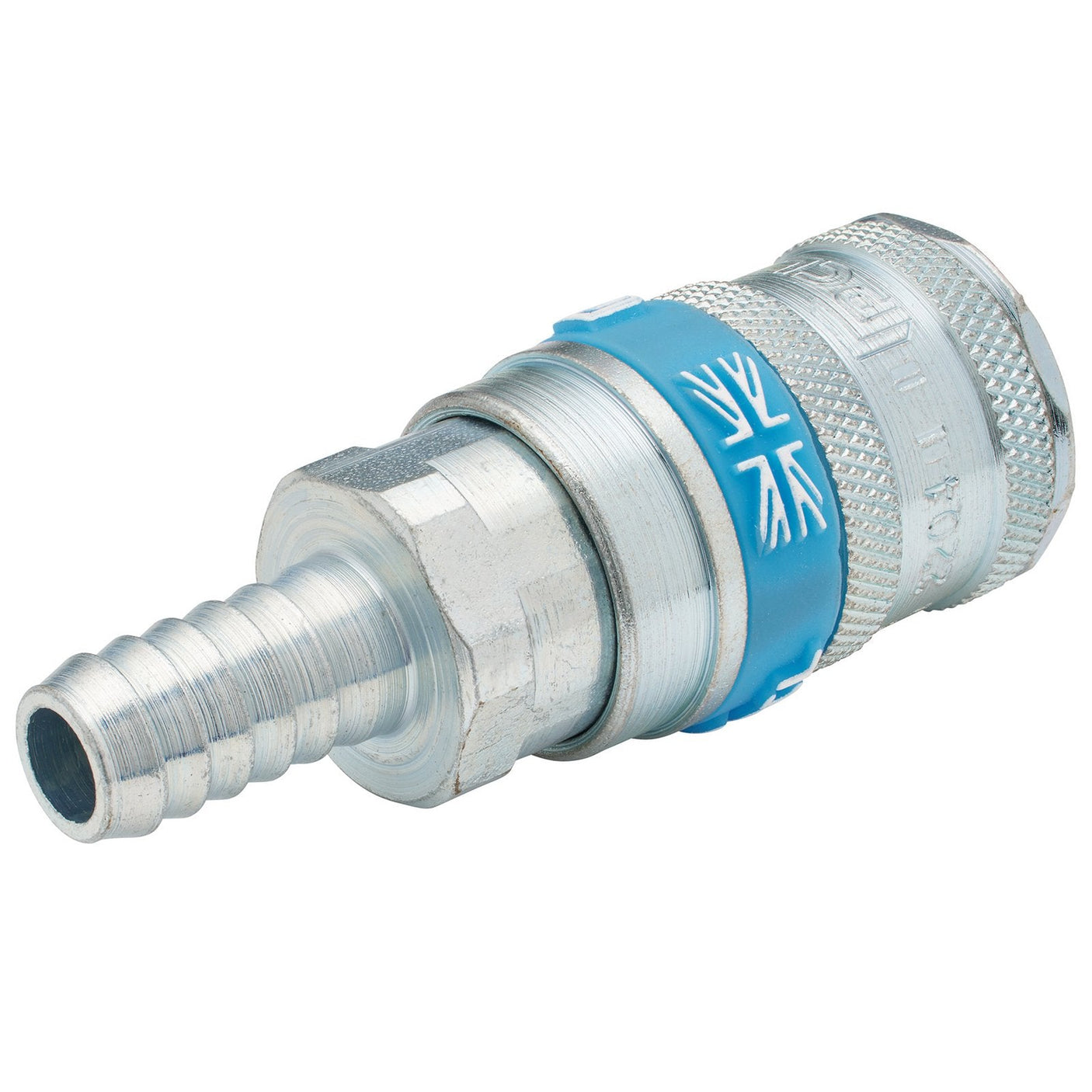 The Draper 3/8" Bore Vertex Air Line Coupling With Tailpiece (Sold Loose) - A91T02 BULK is a compact metallic hose connector featuring a ribbed end, a threaded section, and a distinctive blue band, making it ideal for trailing hose applications.