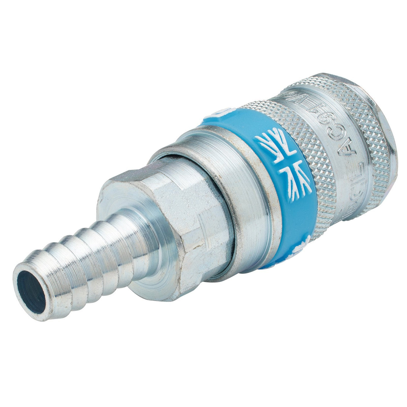 The Draper 3/8" Bore Vertex Air Line Coupling With Tailpiece - A91T02 PACKED is a metal pneumatic hose connector featuring a ribbed barbed end and blue ring, engineered for optimal airflow rate in trailing hose applications.