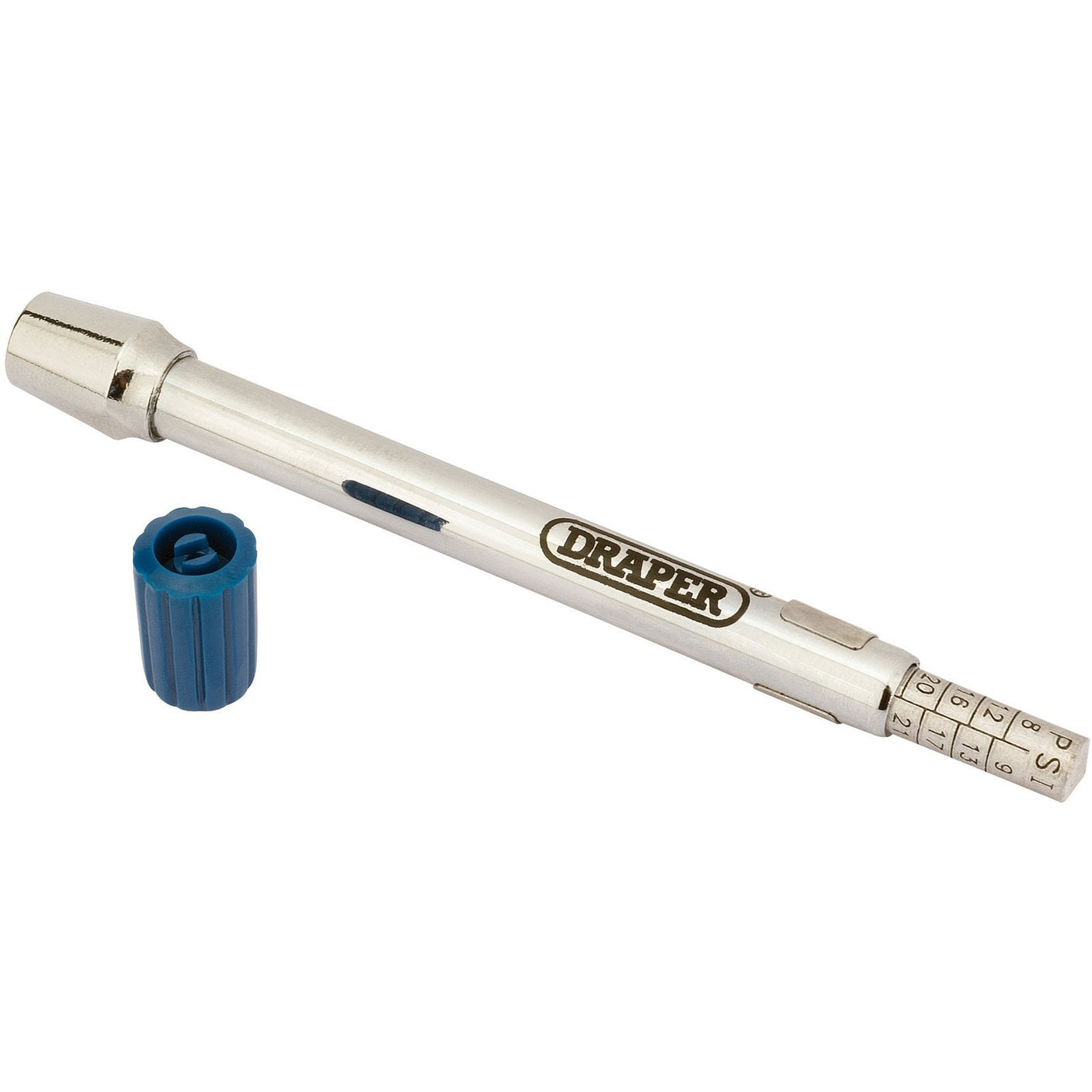 The Draper Tyre Pressure Gauge With End Mount - TPGE, branded by Draper, features a blue cap, a measurement scale on the side, and includes a convenient valve remover.