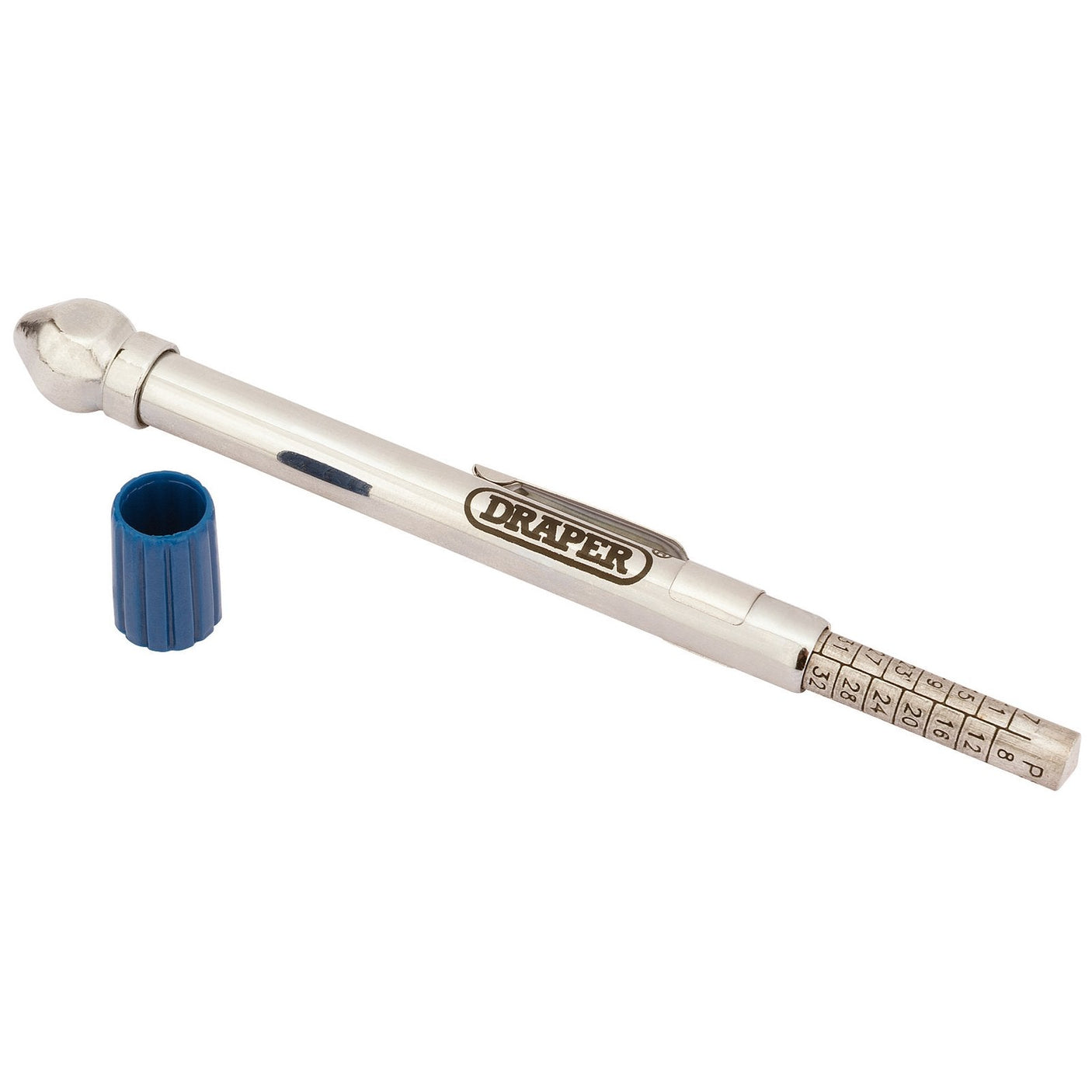 The Draper Tyre Pressure Gauge With Side Mount - TPGS, branded as "Draper," is a precision side entry pencil gauge in silver, complete with a detachable blue cap and a graduated measuring scale.