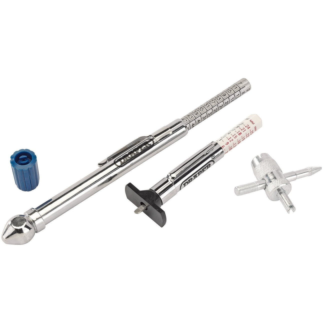 The Draper Tyre Service Kit (3 Piece) - TSK3, by Draper, is a comprehensive set that includes a pen-style pressure gauge, a valve core remover tool, a Tyre Tread Depth Gauge, and a blue cap.