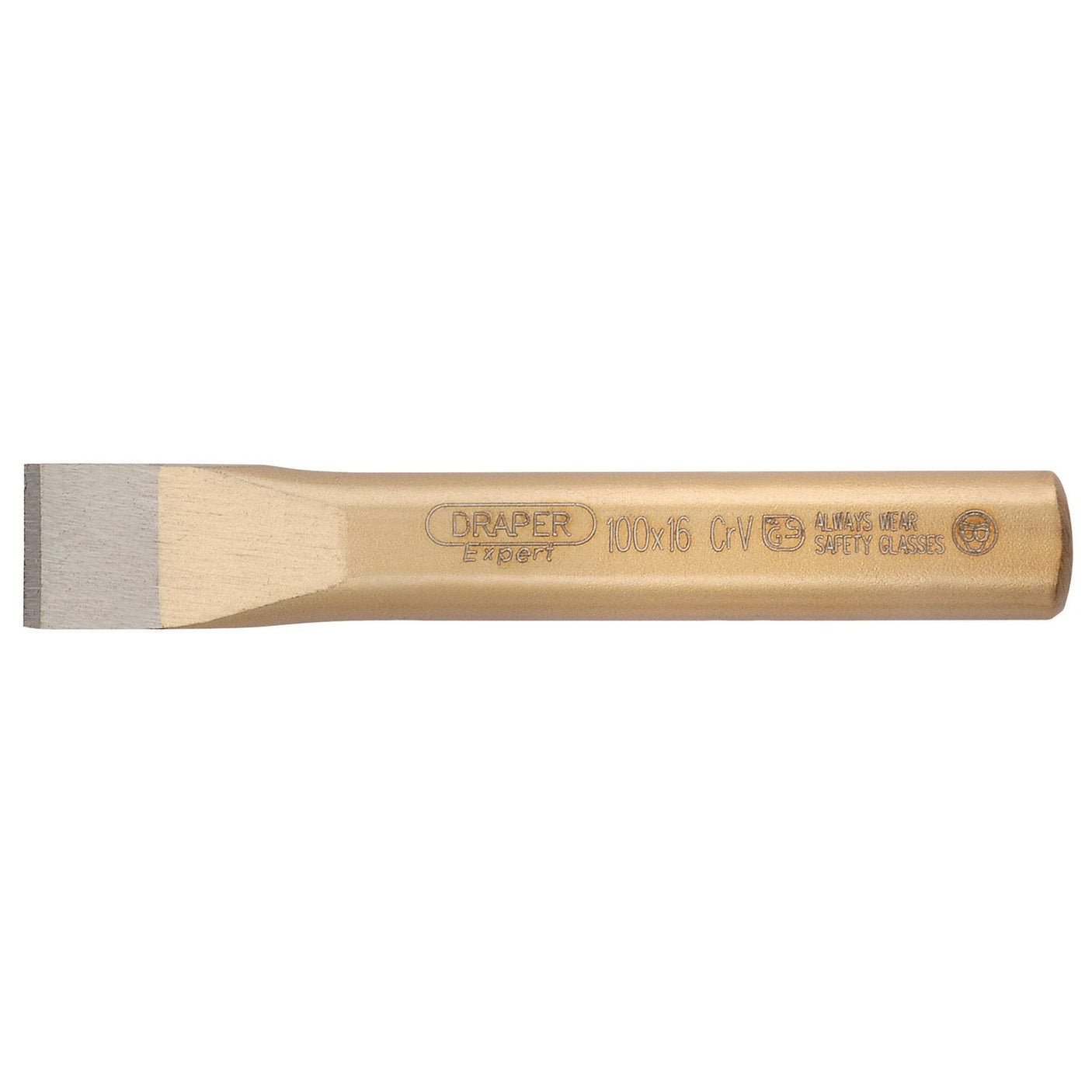 The Draper Flat Cold Chisel, 16 X 100mm - 95 is crafted from chrome vanadium steel and features a gold-toned handle with a flat, beveled cutting edge. The text "Draper 100x16 CV" is displayed on the chisel, which conforms to DIN 6453 standards.