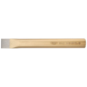 The Draper Flat Cold Chisel, measuring 22 x 180mm - 95, features a flat blade end and a hexagonal handle. It is crafted from durable chrome vanadium steel and labeled with specifications and the Draper brand name, ensuring compliance with DIN 6453 standards.