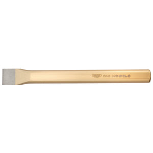 The Draper Flat Cold Chisel, 28 X 250mm - 95, is a metal chisel with a gold-colored finish and tempered heads. It features sharp cutting edges and has engraved numbers and text on the handle.