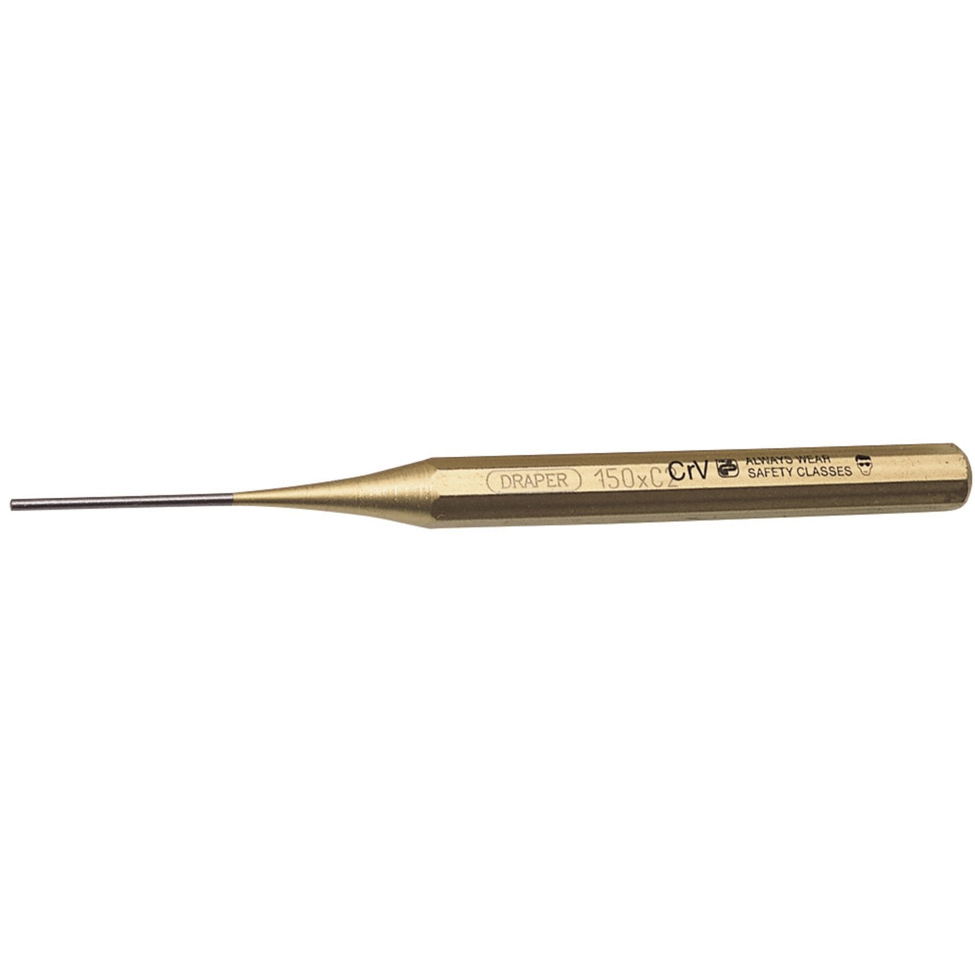 A brass, octagonal parallel pin punch labeled "Draper Octagonal Parallel Pin Punch, 2 X 150mm - 119" features accurately ground tips and tempered heads for precision and durability.