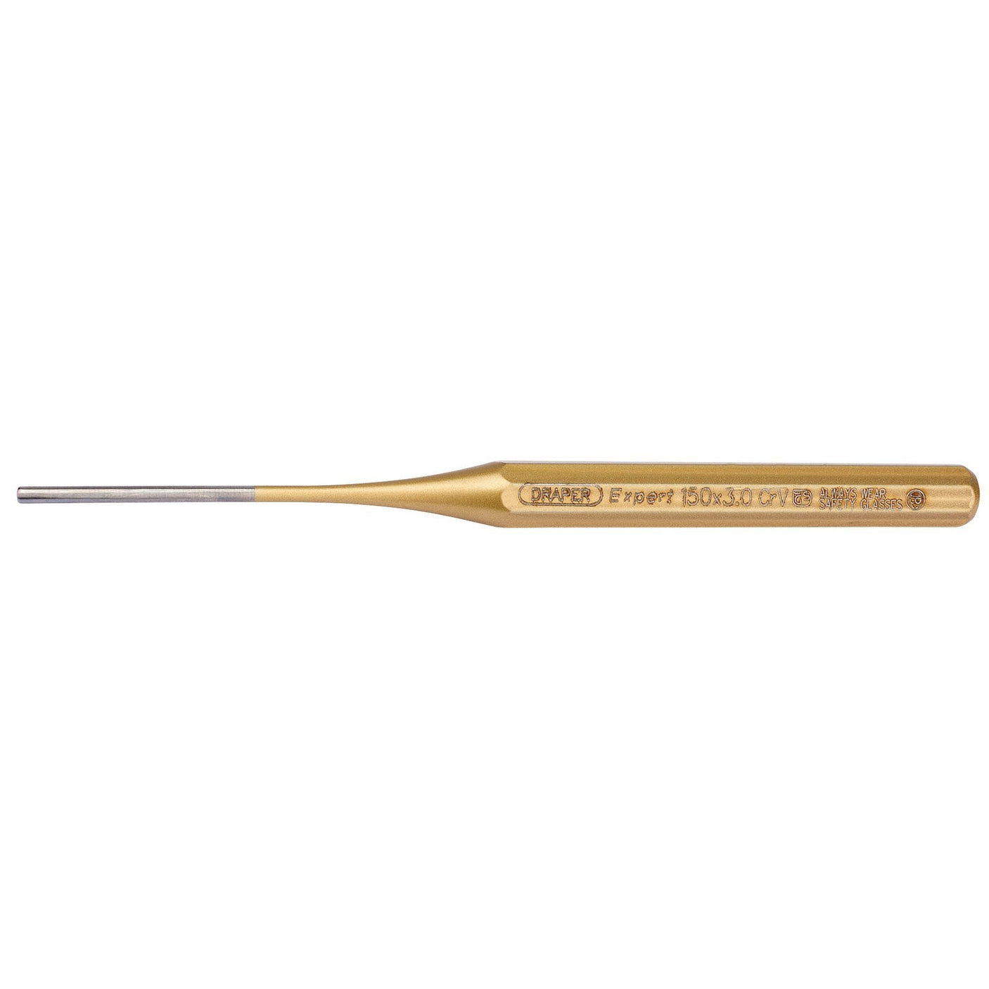 A gold-colored Draper Octagonal Parallel Pin Punch, 3 x 150mm - 119, featuring a slim, pointed tip and a thicker handle end made from chrome vanadium steel.