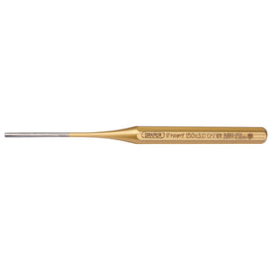 A gold-colored Draper Octagonal Parallel Pin Punch, 3 x 150mm - 119, featuring a slim, pointed tip and a thicker handle end made from chrome vanadium steel.