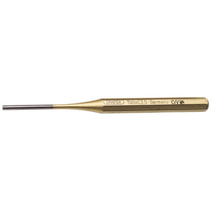 A brass-colored Draper Octagonal Parallel Pin Punch, 3.5 x 150mm - 119, with "Germany CrV" inscribed on the handle, featuring tempered heads and accurately ground tips for precision.