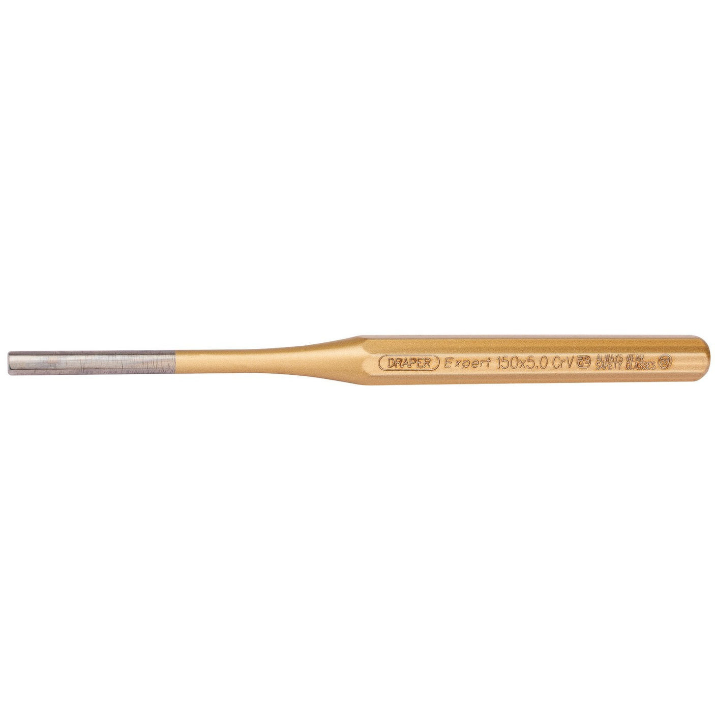 The Draper Octagonal Parallel Pin Punch, 5 X 150mm - 119, is a gold-colored metal punch tool featuring a narrow tip on one end and a wider handle on the other. Made with accurately ground tips and air-hardened chrome vanadium steel, this tool ensures expert quality for precision tasks.