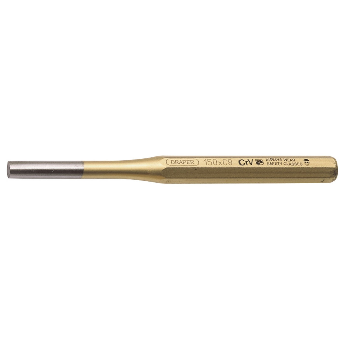 Draper's Octagonal Parallel Pin Punch, 8 X 150mm - 119, features a golden shaft and gray tip, marked with "Draper 150 x 6," "CrV," and safety instructions. Made from chrome vanadium steel and featuring accurately ground tips, this tool is designed for driving pins and rivets.