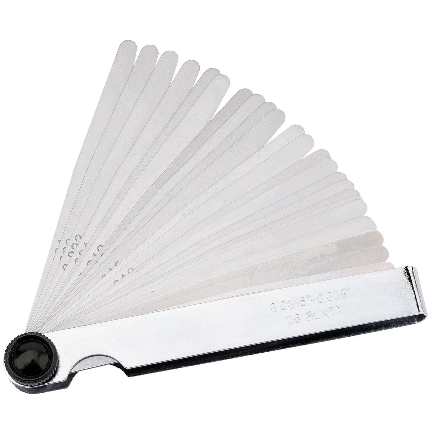 The Draper 26 Blade Imperial Feeler Gauge Set - 26FB by Draper features multiple thin, hardened, and polished metal blades of varying thicknesses that fan out from a single pivoting handle.