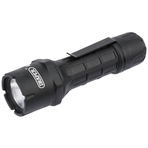 Introducing the Draper Cree LED Waterproof Torch, model WPHT1. This sophisticated black tactical flashlight boasts a textured body, a convenient belt clip, and prominent "Draper" branding near the lens. Offering 60 lumens of bright light with its reliable CREE LED, this 1W torch ensures superior illumination in any conditions. It is powered by a single AA battery and designed to be waterproof for added durability.
