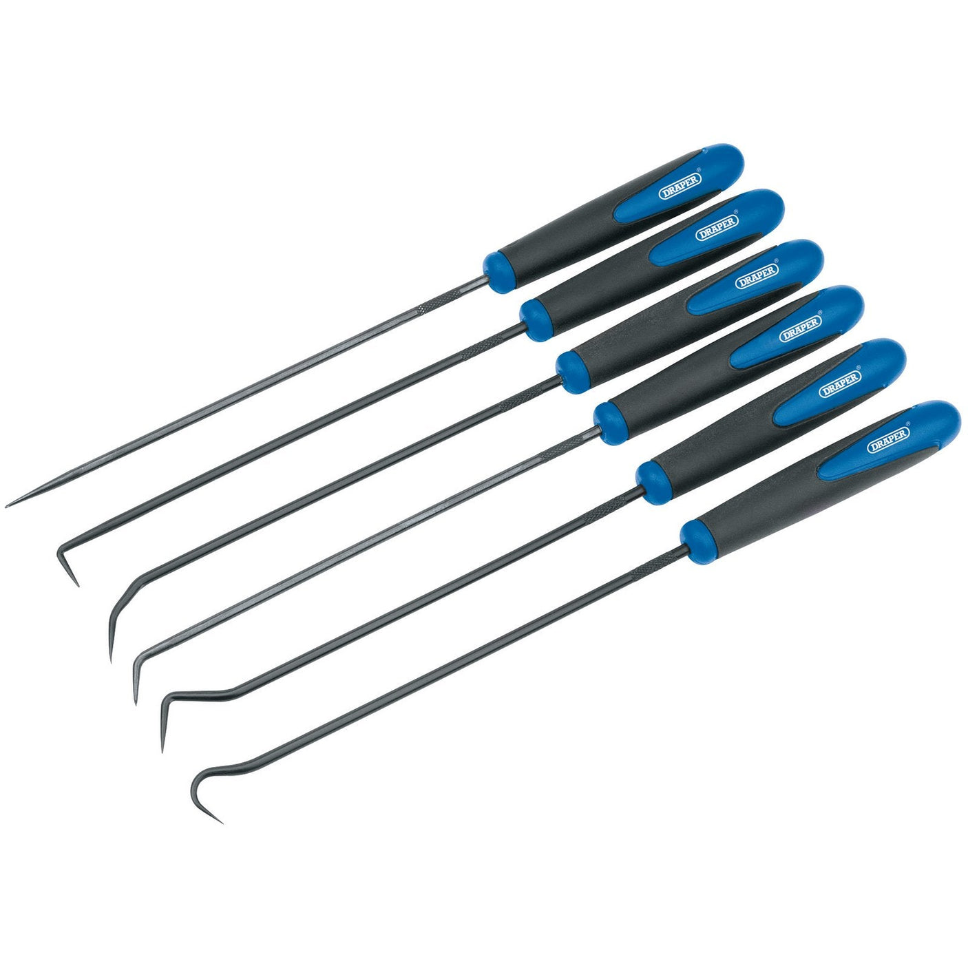 The Draper Long Reach Hook And Pick Set (6 Piece) - LPH SET features six stainless steel tools with blue and black plastic handles, perfect for automotive tasks, neatly arranged in a row.