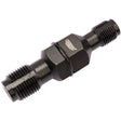 The Draper Spark Plug Chaser, 14 - 18mm (SPC14-18MM) is a black metal tool with threaded ends and a central hexagonal section, designed for connecting or securing mechanical parts and often used for repairing spark plug threads of 14mm and 18mm sizes.