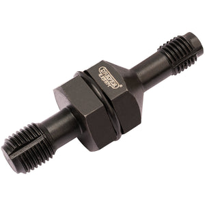 The Draper Spark Plug Chaser, 10 - 12mm (model SPC10-12MM), is a black metal tool with threaded ends and a hexagonal center designed for removing broken or damaged studs from machinery. Labeled "Draper Expert," this tool is ideal for thread repair.