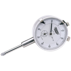 The Draper Imperial Dial Test Indicator, 0 - 1" - PDG01I by Draper features a 55mm white face with black numerals and a metal probe on the left side. The main scale ranges from 0 to 100 and includes a smaller inset scale for precise readings.