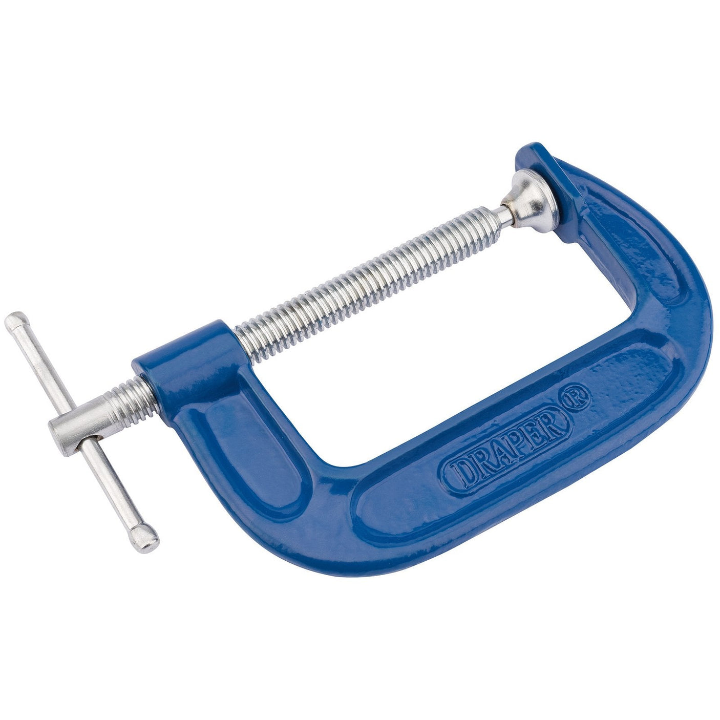 The Draper C Clamp, 100 X 60mm - 391GP, is a blue metal clamp with a chrome plated screw mechanism, tommy bar handle, and malleable cast iron frame.