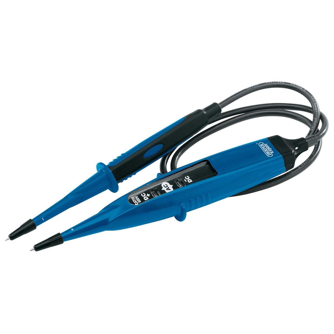 The Draper Ac/Dc Voltage Tester - VT2 by Draper features blue handles and black tips connected by a cable, with LED indicators for clear readings, making it ideal for electrical testing and measuring within the 12-600V range.