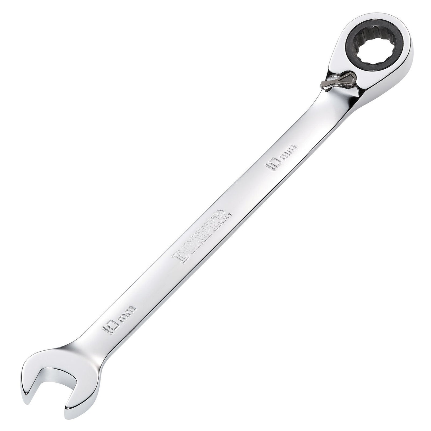 A Draper Hi-Torq® combination spanner made from chrome vanadium steel, featuring an open end on one side and a reversible ratcheting box end for forward/reverse direction on the other, sized 13mm.