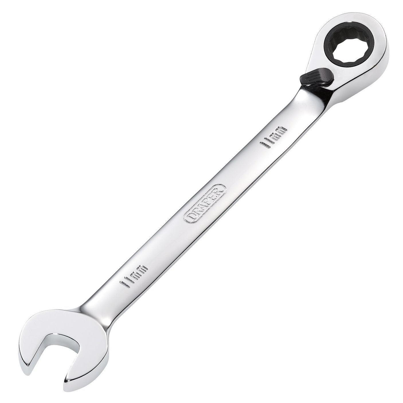 The Draper Hi-Torq® Metric Reversible Ratcheting Combination Spanner, 11mm - 8230RMMB, made from chrome vanadium steel, features a HI-TORQ® closed-loop on one end and an open-end on the other and is marked with "11 mm" indicating its size.