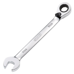 The Draper Hi-Torq® Metric Reversible Ratcheting Combination Spanner, 11mm - 8230RMMB, made from chrome vanadium steel, features a HI-TORQ® closed-loop on one end and an open-end on the other and is marked with "11 mm" indicating its size.
