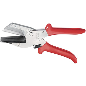 The Draper Knipex 94 15 215 Ribbon Cable Cutter, a professional-quality silver cutting tool with red handles, features a sharp blade and an anvil for crush-free cutting.