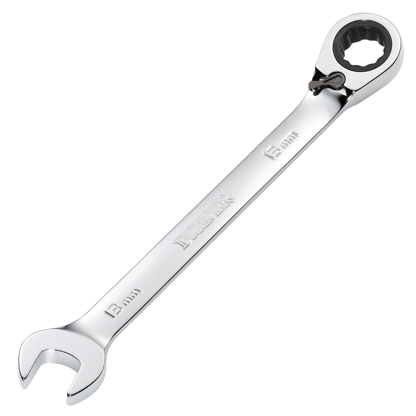 The Draper Hi-Torq® Metric Reversible Ratcheting Combination Spanner, model 8230RMMB, marked as 13 mm, features an open end on one side and a ratchet ring end on the other.