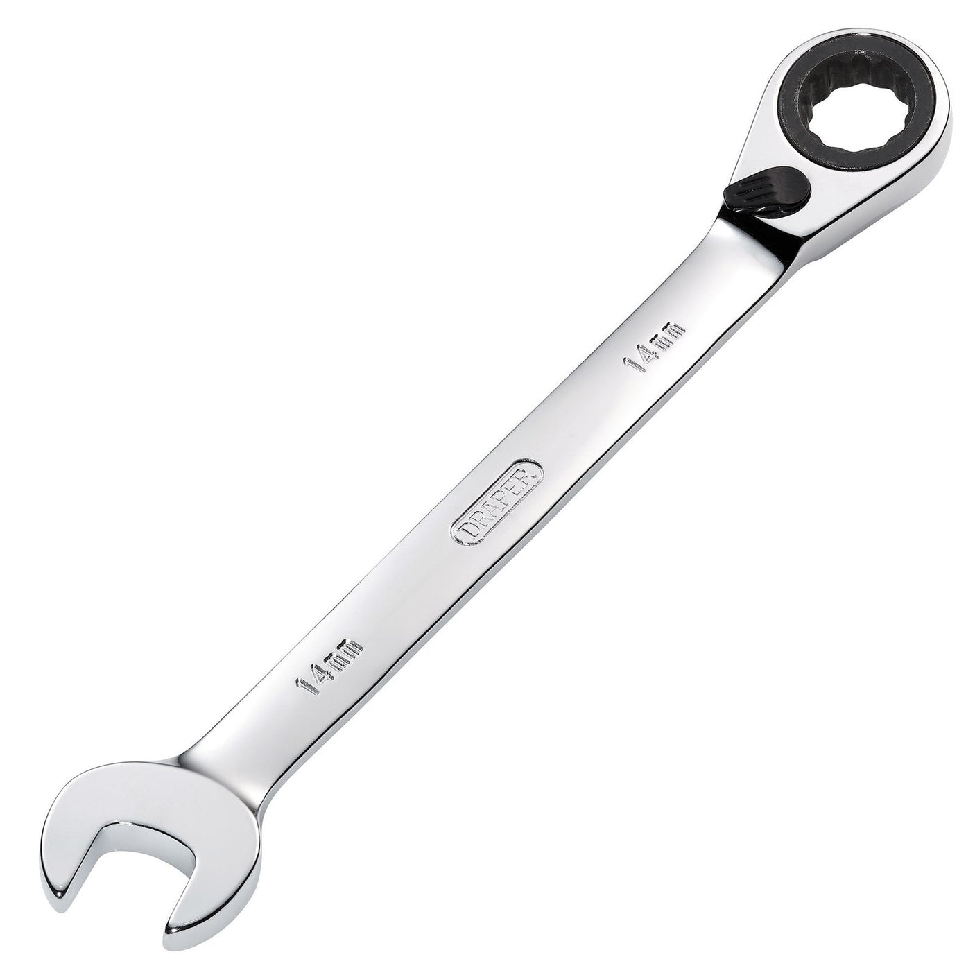 The Draper Hi-Torq® Metric Reversible Ratcheting Combination Spanner, 14mm - 8230RMMB, features an open-end on one side and a ratcheting box-end on the other. Made from durable chrome vanadium steel, it is ideal for confined spaces.