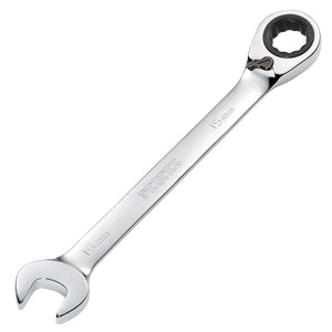 The Draper Hi-Torq® Metric Reversible Ratcheting Combination Spanner, 15mm - 8230RMMB, is a durable chrome vanadium steel tool with a 15mm chrome finish. It features an open-end on one side and a ratchet ring end with forward/reverse direction on the other.