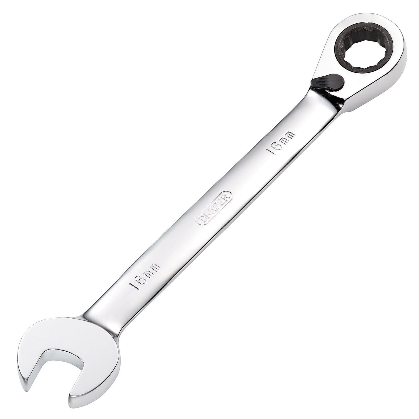 A Draper Hi-Torq® Metric Reversible Ratcheting Combination Spanner, 16mm - 8230RMMB, featuring an open end and a ratcheting box end, made of polished chrome vanadium steel.