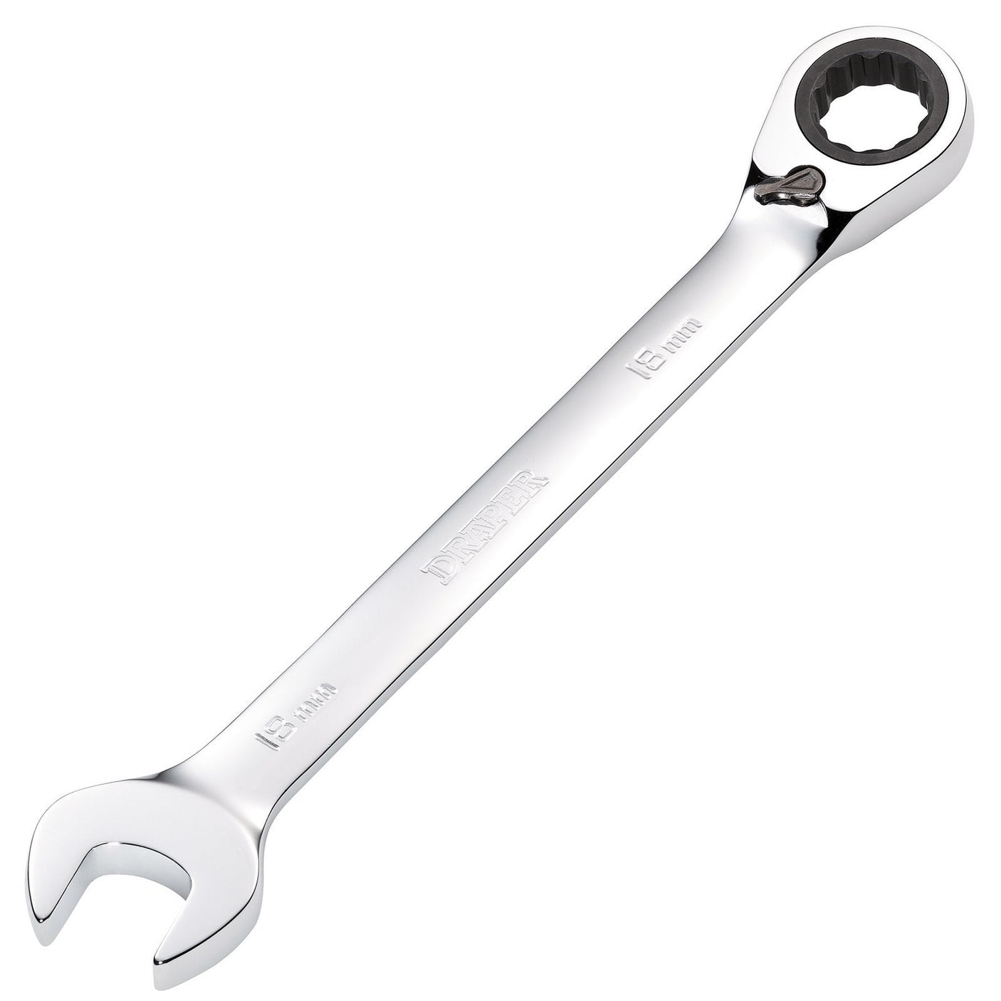 The Draper Hi-Torq® Metric Reversible Ratcheting Combination Spanner, 18mm - 8230RMMB, features a chrome finish with an open-end on one side and a ratchet ring on the other, making it perfect for confined spaces.