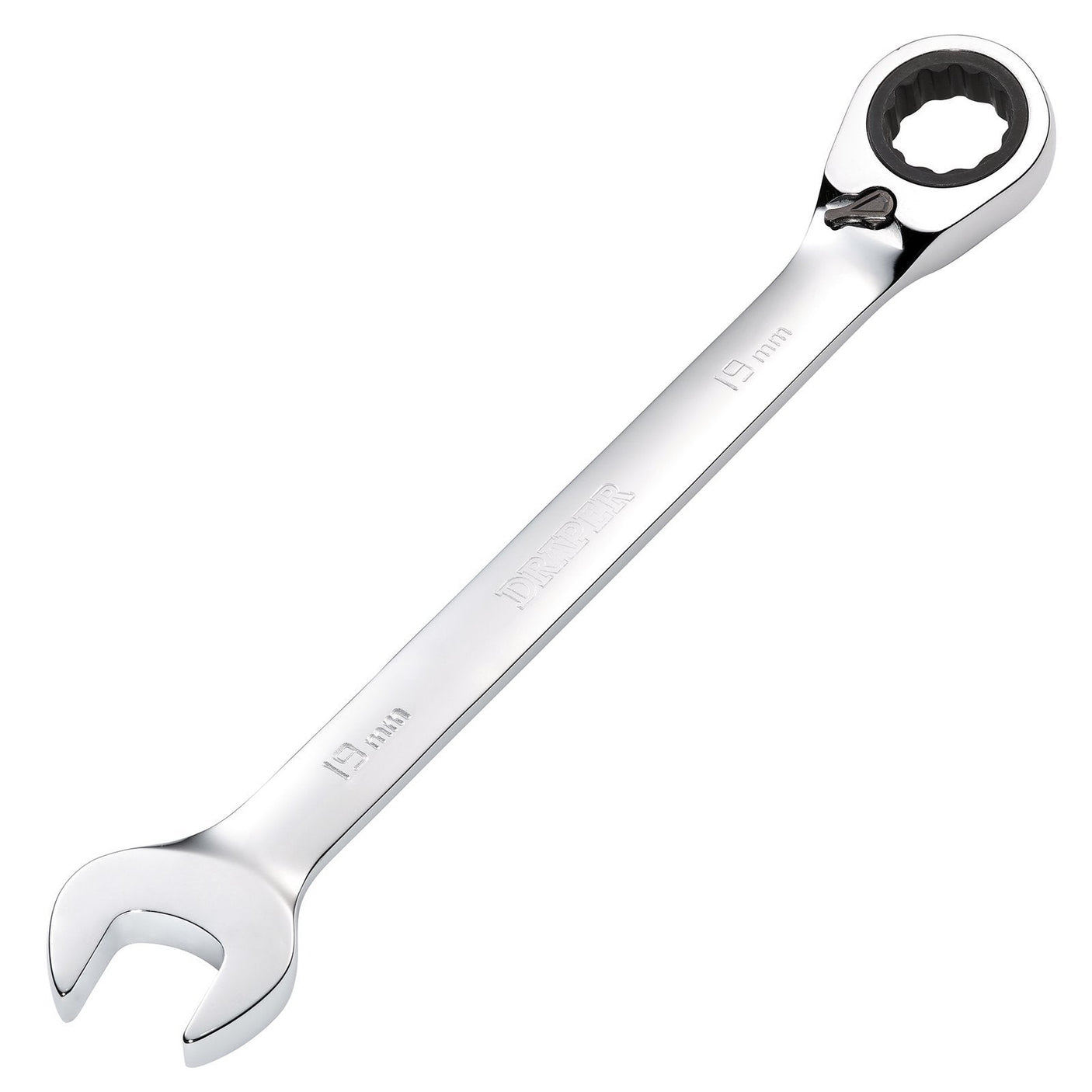 A Draper Hi-Torq® Metric Reversible Ratcheting Combination Spanner, 19mm - 8230RMMB, featuring an open end and a HI-TORQ ratchet ring end, crafted from durable chrome vanadium steel.