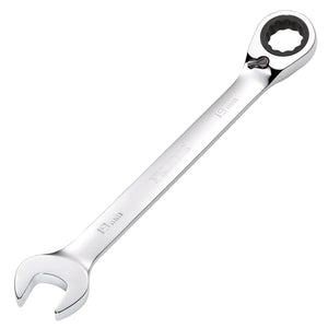 A Draper Hi-Torq® Metric Reversible Ratcheting Combination Spanner, 19mm - 8230RMMB, featuring an open end and a HI-TORQ ratchet ring end, crafted from durable chrome vanadium steel.