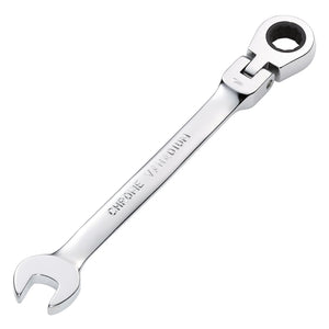 The Draper Hi-Torq® Metric Flexible Head Ratcheting Combination Spanner, 9mm - 8230FMMB from Draper features a flexible head with an open-end on one side and a ratcheting box-end on the other, crafted from chrome vanadium steel.